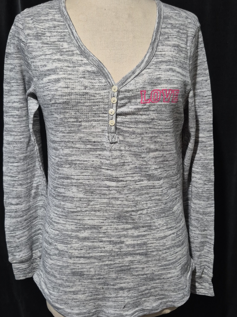 Bobbie Brooks Gray Marled Long-Sleeve Henley with Pink LOVE Embroidery